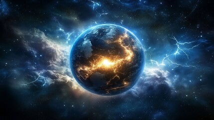 Obraz premium Cosmic Storm: A planet engulfed in electrifying chaos. Witness the raw power of nature's fury in this breathtaking digital artwork.