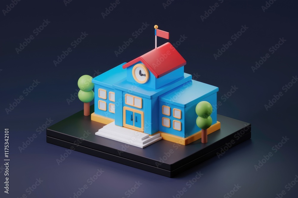 Aufkleber a 3d model of a stylized school building with a clock tower, flag, and trees.