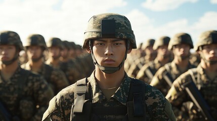 A young soldier in camouflage uniform stands in front of a formation of soldiers.
