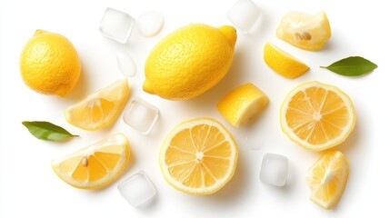 A top-down view of lemon iced tea with ice cubes and lemon wedges, isolated on a bright white background with clipping path.