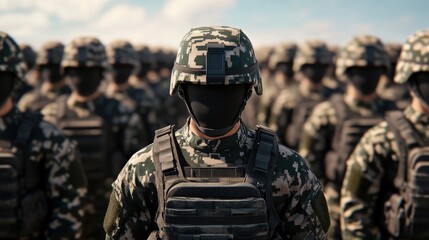 Fototapeta premium A soldier in camouflage uniform stands in front of a large group of soldiers.
