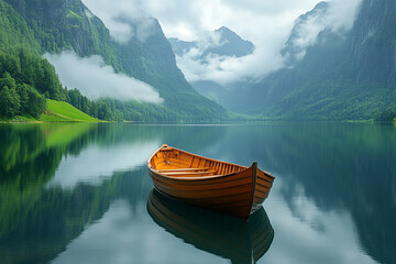 Obraz premium Wooden Rowboat on Serene Mountain Lake