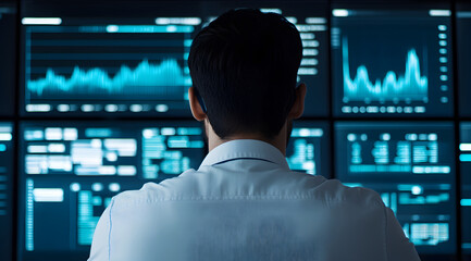 A professional analyzing data on multiple screens, focusing on graphs and charts in a high-tech environment.