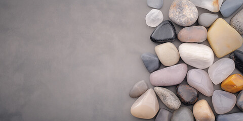 Fototapeta premium Various smooth stones in different colors and textures arranged artistically on a grey backdrop, resembling a mix of natural beauty and simplicity.