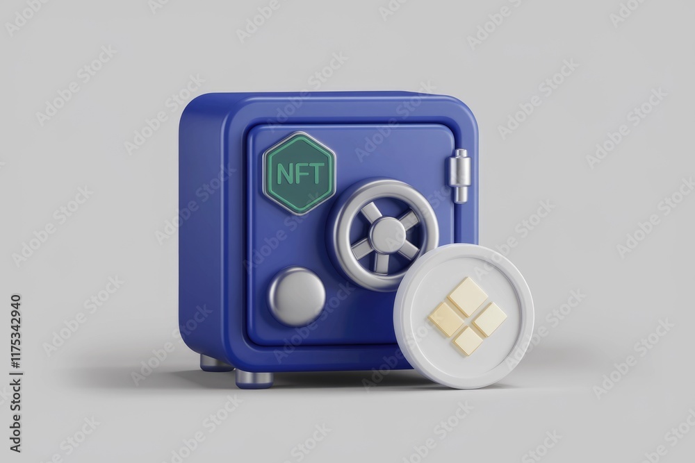 Poster a blue safe labeled 'nft' alongside a crypto coin symbolizes secure digital asset storage.