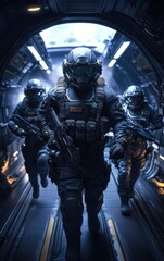Fototapeta premium Three futuristic soldiers in armored suits walk through a spaceship corridor.