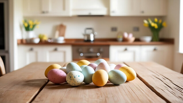  beautifully lit wooden table with a scattering of eggs serves as focal point in a warm and inviting kitchen or dining room, creating perfect setting for an Easter card or holiday celebration