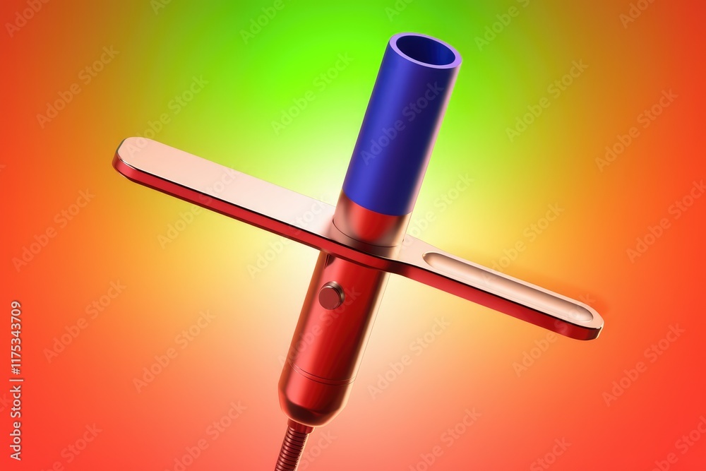 Poster a sleek, metallic red and blue device with a cross-shaped design, possibly a high-tech gadget or too