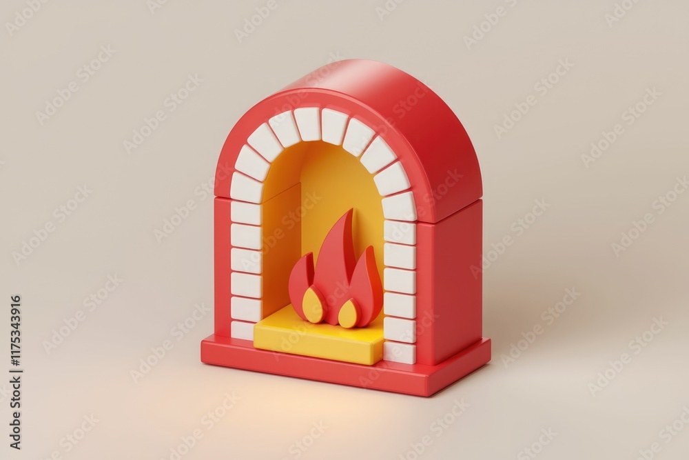Poster A minimalist 3D rendering of a fireplace with a simple flame design.