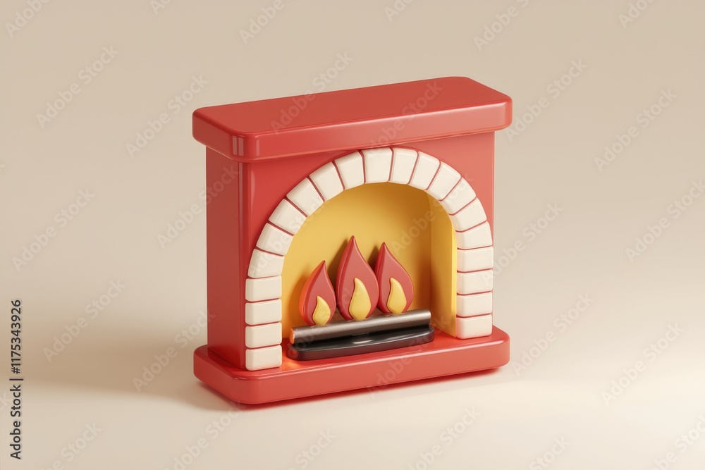 Poster a cute 3d rendering of a red fireplace with a burning fire inside.