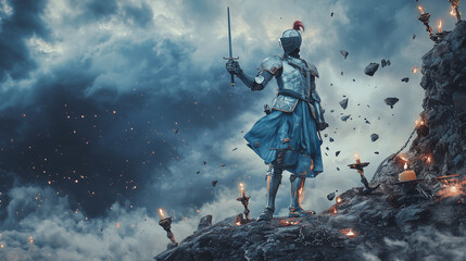 A modern knight in denim-inspired armor, holding a sword 