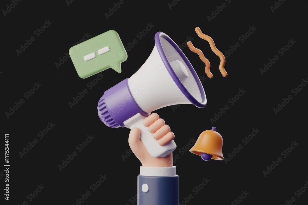 Poster A 3D hand holds a megaphone, announcing a message with a speech bubble and bell notification.