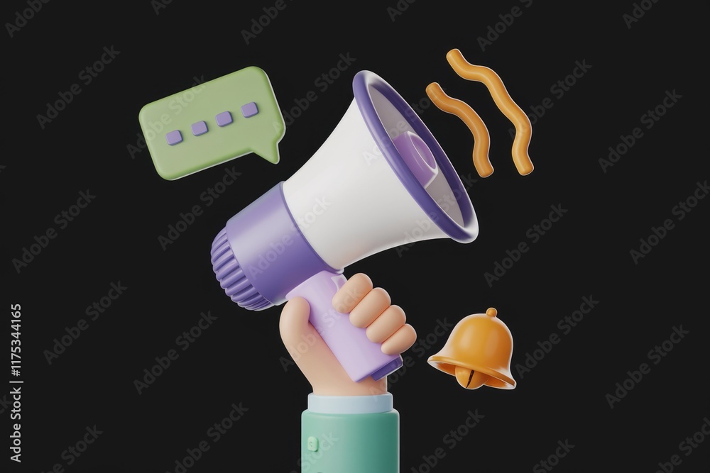 Poster a 3d hand holds a megaphone, announcing a message with sound waves and a bell.