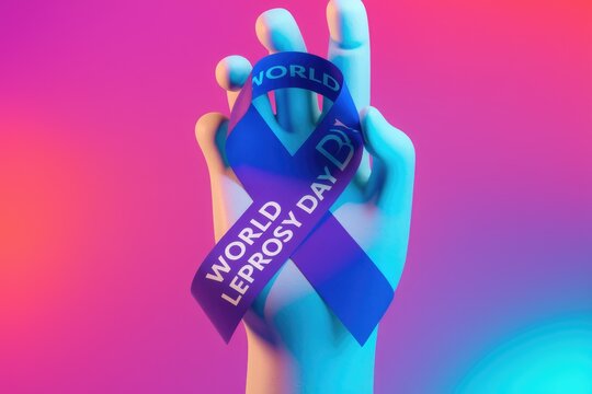 A hand holds a blue ribbon signifying World Leprosy Day, raising awareness and promoting understanding.