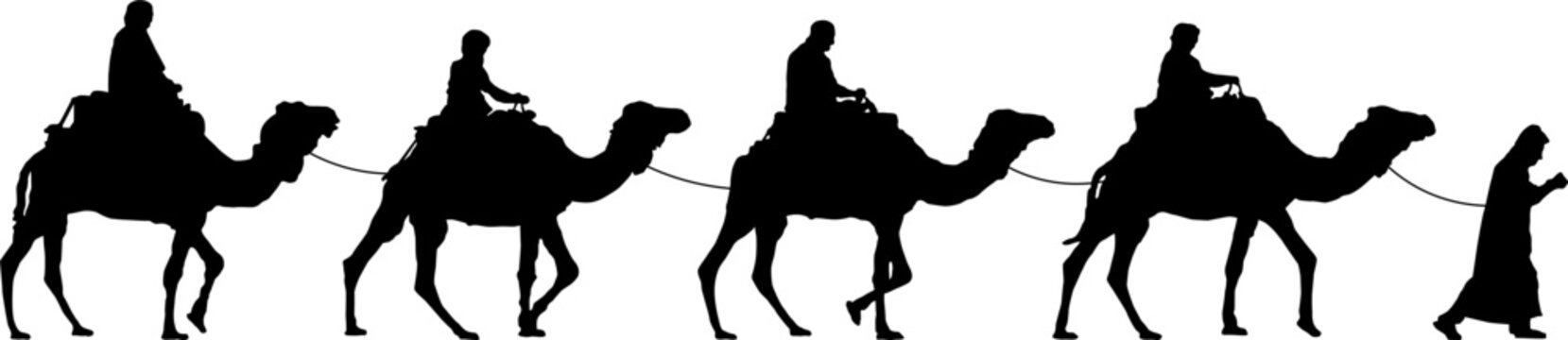 Une silhouette d'une caravane de nomades avec des touristes