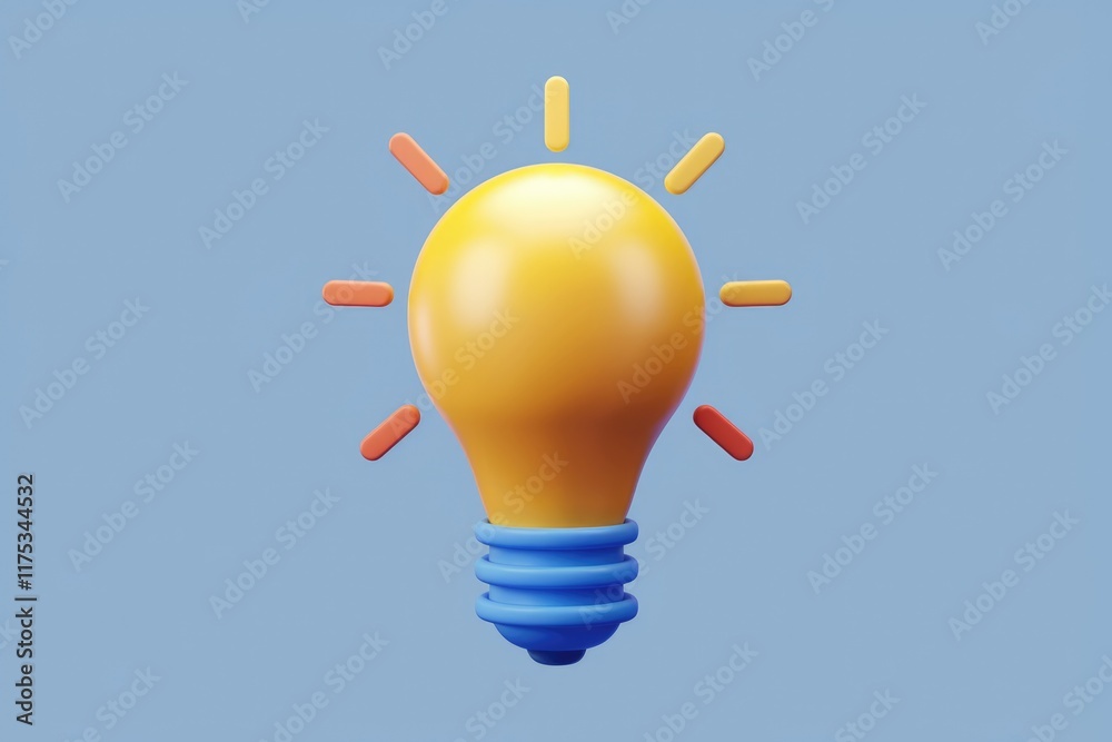 Poster a 3d rendered yellow lightbulb with radiating rays, symbolizing new ideas and innovation.