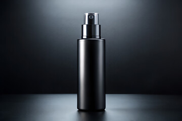Minimalist black spray bottle on dark background, ideal for beauty, skincare, and cosmetic product promotions. black spray bottle on dark background and cosmetic product promotions.