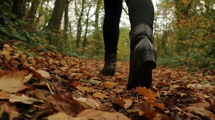 Fototapeta premium A person is walking through a forest with leaves on the ground
