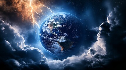 Obraz premium Apocalyptic Earth: A Stormy Planet's Dramatic Encounter with Lightning