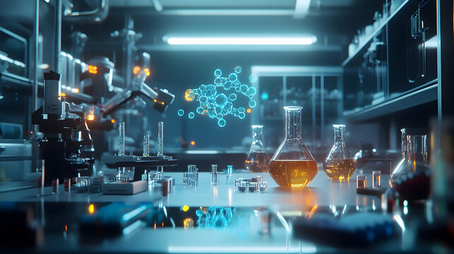 A brightly lit futuristic lab with a clean aesthetic, drones organizing molecular structures and rotating holographic projections of chemical compounds