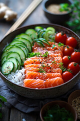 Colorful Bowl of Salmon With Fresh Vegetables and Herbs for an Appealing Culinary Experience