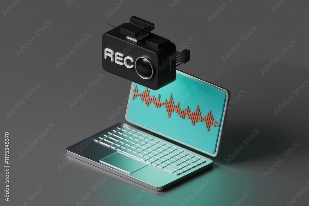 Aufkleber A 3D rendering of a camera recording audio displayed on a laptop screen, showcasing digital audio waveform.