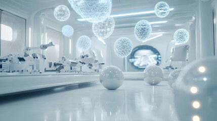 A clean futuristic lab with all-white surfaces, spherical drones building custom medical devices and rotating holographic DNA strands above