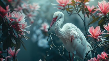 Fototapeta premium Elegant white bird standing gracefully amidst blooming pink flowers in a serene garden environment, showcasing vibrant nature and tranquility in a stunning composition