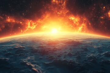 Fototapeta premium Fiery Nebula Sunrise Over a Distant Alien Planet