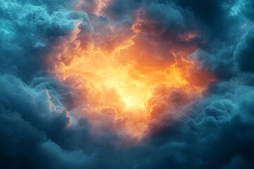 Fototapeta premium Fiery orange light bursts through dark blue clouds