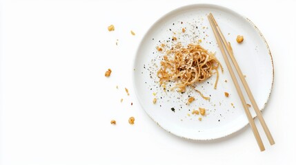 A used plate with fried noodles and leftover food, with chopsticks placed on the side, isolated on a clean white background.