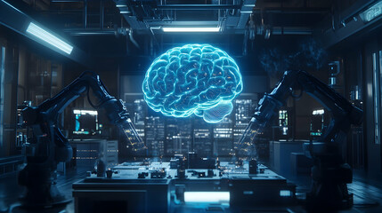 A cold futuristic lab with steel blue tones, robotic arms crafting neural interface devices and a glowing holographic brain rotating in the center