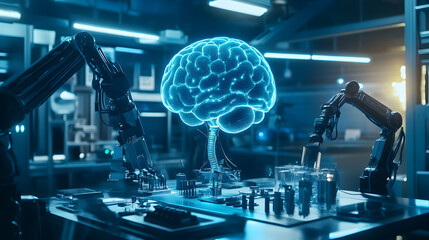 A cold futuristic lab with steel blue tones, robotic arms crafting neural interface devices and a glowing holographic brain rotating in the center