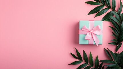 Valentine's Day Pastel Gift Box with Pink Bow and Tropical Leaves on Pink Background