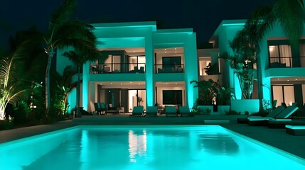 A modern villa illuminated at night, featuring a serene pool and lush palm trees.