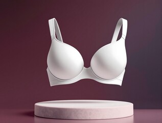Elegant White Bra Mockup on Soft Velvet Pedestal with Monochromatic&nbsp;Background