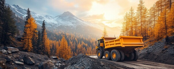 Dump truck navigating a mountainous autumn landscape