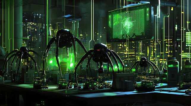 A dim futuristic lab with pulsating green lights, spider-like robots repairing microcircuits and a holographic model of a virtual city hovering mid-air