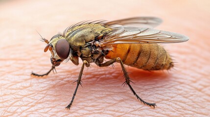 Extreme close-up of a golden fly perched on human skin. Ideal for scientific illustrations, educational materials, or nature documentaries showcasing insect detail.