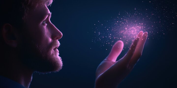 A man gazes at a glowing orb of sparkling particles in his hand, conveying a sense of wonder and magic against a dark background.