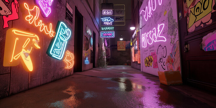 A lively alleyway featuring vibrant neon signs and graffiti art creates an urban landscape full of color and creativity, evoking the energy of city nightlife. - Powered by Adobe