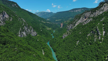 Fototapeta premium Aerial view on Djurdjevica arch bridge over Tara