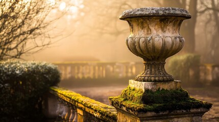 Stone urn, misty garden, sunrise, tranquil scene, landscaping.