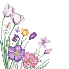 Obraz premium Colorful spring flowers pencil drawing on transparent background