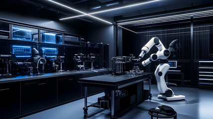 A high-tech futuristic lab with matte black walls, humanoid robots fabricating AI-powered drones and laser-guided equipment running autonomously