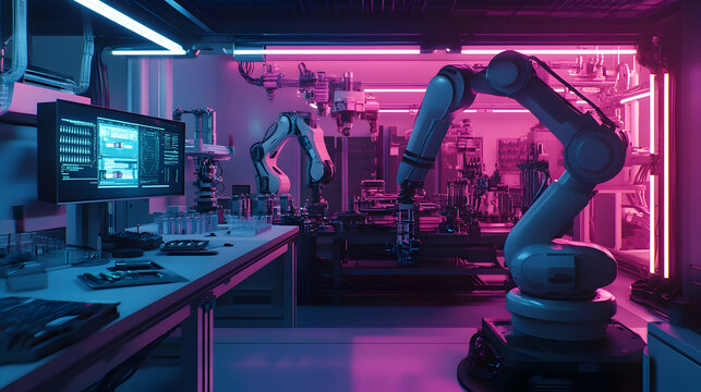 A high-tech futuristic lab with multicolored neon panels, robotic arms fabricating modular robots and a holographic interface with live production analytics