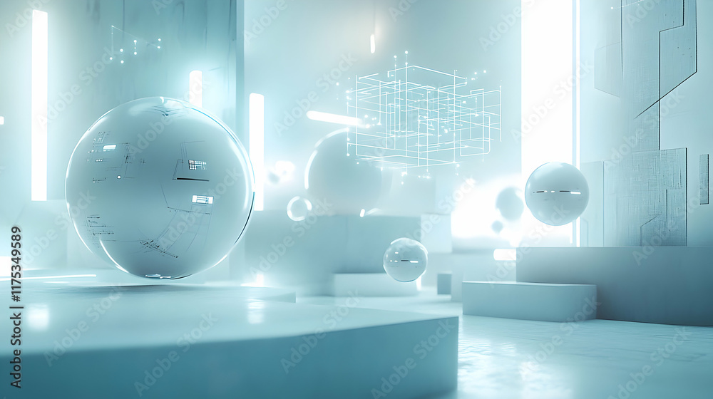Fototapete a minimalist futuristic lab with soft white lighting, spherical robots working on microchips and flo