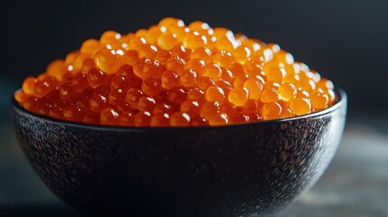 A vibrant composition of fresh salmon roe arranged in a bowl, with a dark background enhancing their vivid orange color.