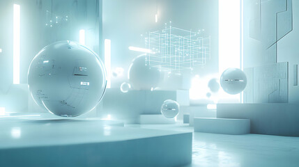 A minimalist futuristic lab with soft white lighting, spherical robots working on microchips and floating digital blueprints in mid-air