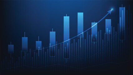 candlesticks and bar chart on blue background with arrow up